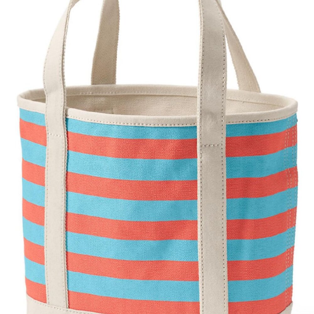 Lands' End Medium Canvas Tote Bag Open Top Living Coral Heritage Stripe